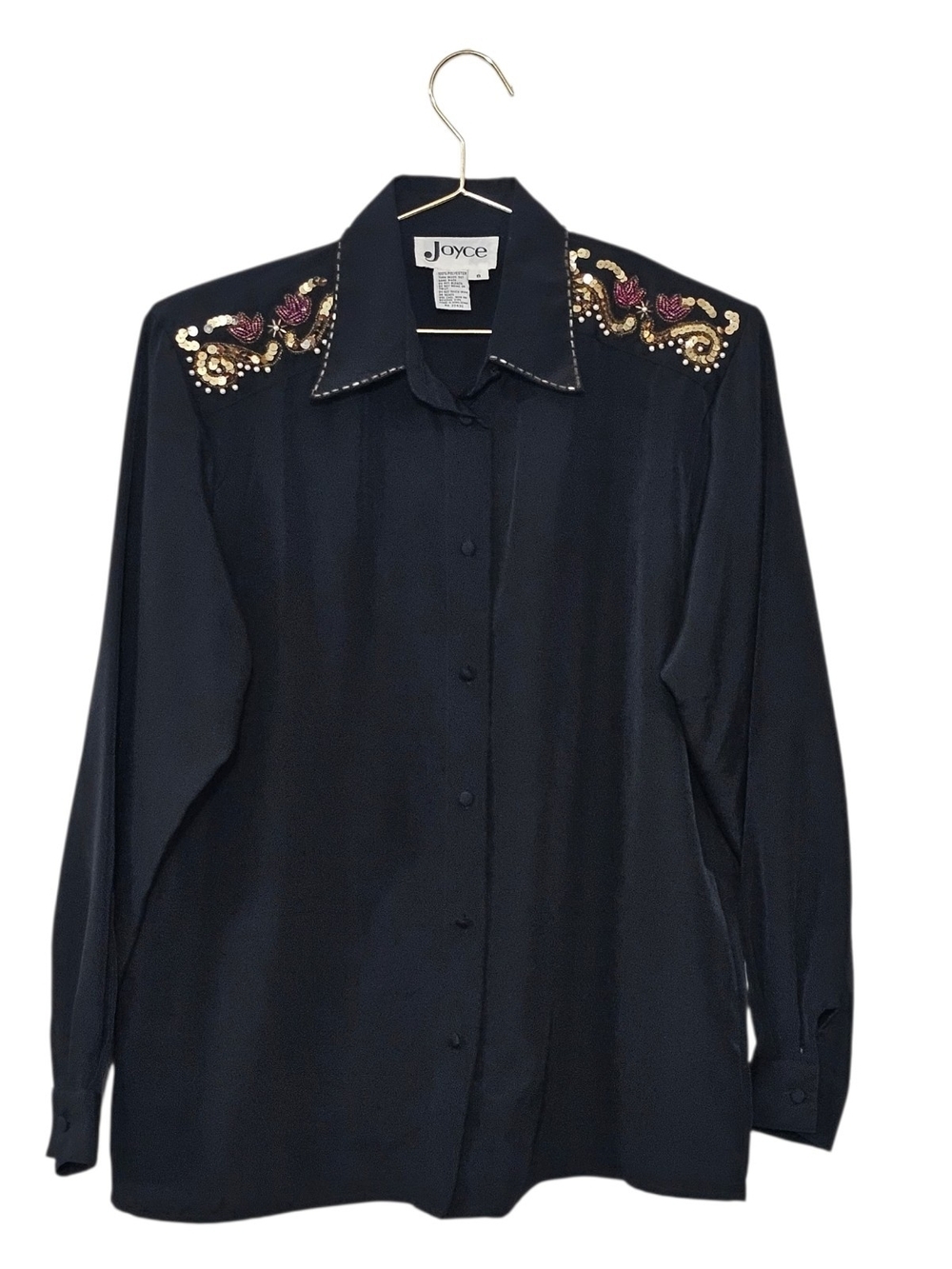 Joyce Embellished Black Button-Up Shirt with Gold & Pink Accents